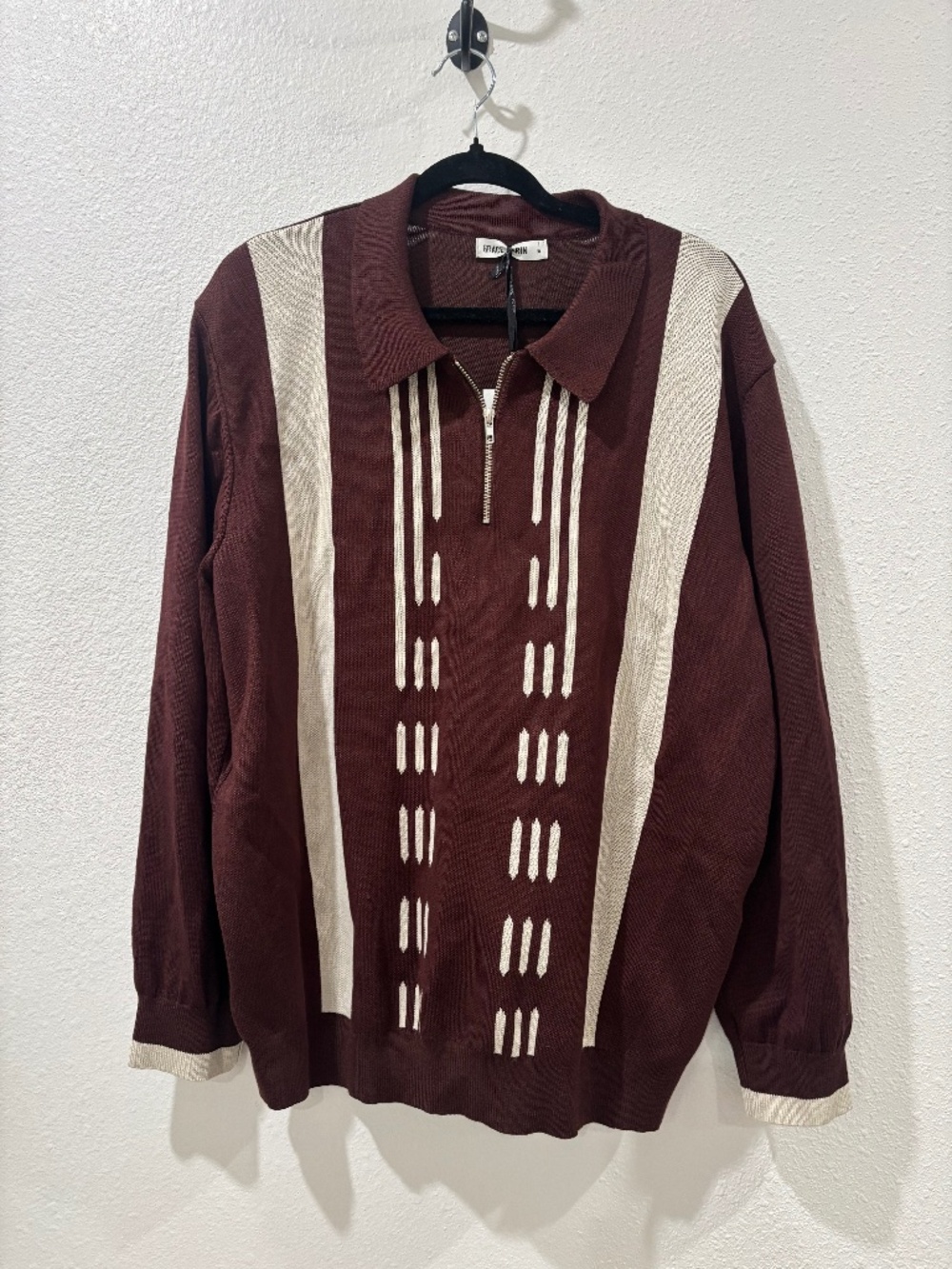 GRACE KARIN Men's Retro Knit Long-Sleeve Quarter-Zip Burgundy Polo Sweater XL